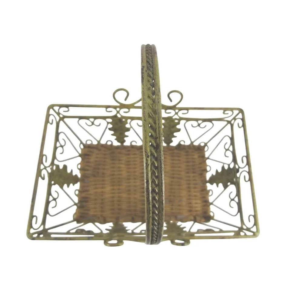 Vintage Style Green Metal Wire Basket‎ with Woven Wicker Base Leaf Scroll